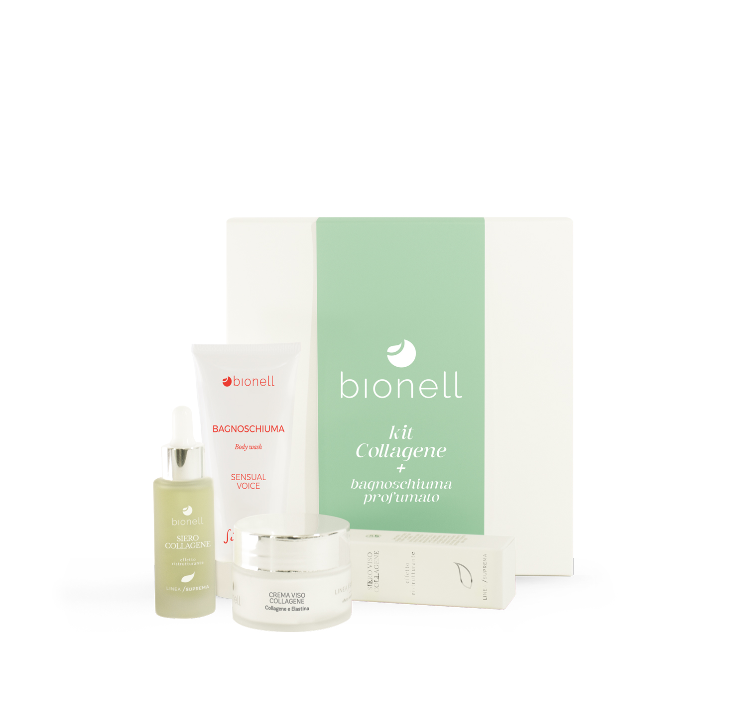 Kit Collagene Bionell con siero viso, crema viso e bagnoschiuma profumato Sinfonie, routine ristrutturante rassodante