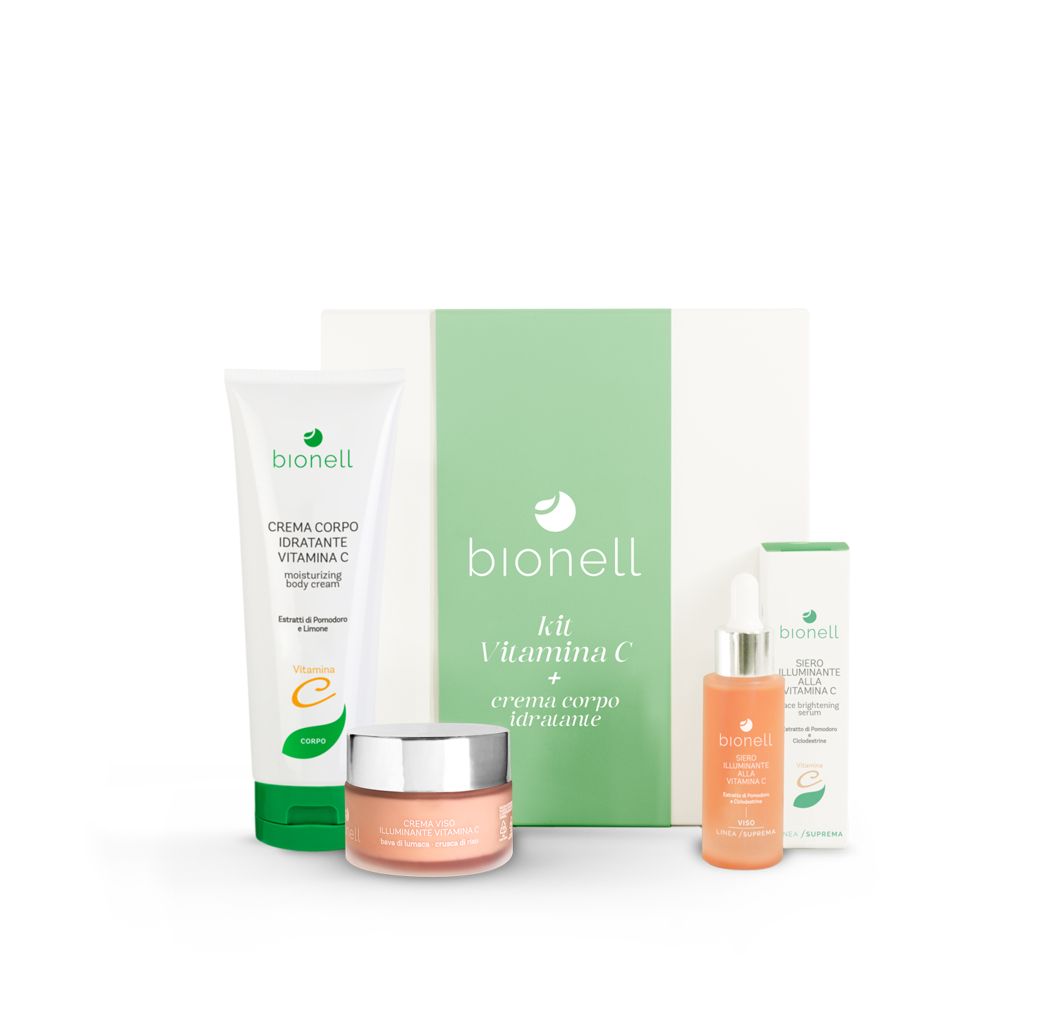 Kit Vitamina C Bionell con siero viso, crema viso e crema corpo illuminanti, routine antiossidante idratante viso e corpo